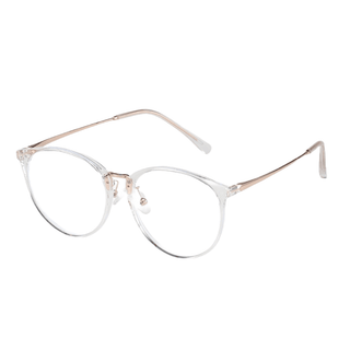 The EyeCandys Infinity Oversized Oval eyeglasses feature clear frames, round lenses, and thin light gold metal arms with a wide fit design, shown against a white background.
