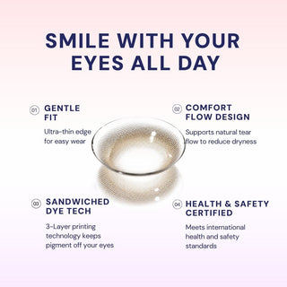 The EyeCandys Pink Label Marshmallow Brown contact lenses feature a gentle fit, comfort flow design to reduce dryness, sandwiched dye tech for safety, and are health certified—ideal for everyday wear.