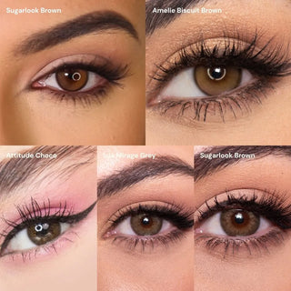 A collage of five close-ups shows eyes with varied makeup and colored contacts from the EyeCandys Mocha Mousse Bundle—featuring Sugarlook Brown, Amelie Biscuit Brown, Attitude Choco, Isla Mirage Grey, and Mocha Mousse lenses.