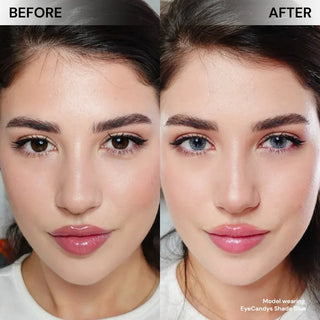 Side-by-side close-up of a woman’s face: left shows her natural brown eyes ("Before"), right showcases vibrant blue eyes with EyeCandys Shade Blue colored contact lenses ("After"). Her makeup and expression are unchanged in both images.