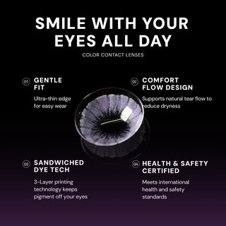 A promo image for EyeCandys Shade Violet Purple colored contacts highlights gentle fit, Comfort Flow design, sandwiched dye tech, and health & safety certification, featuring a close-up of the violet lens in the center.