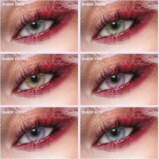 Six close-up images of an eye with bold pink makeup showcase EyeCandys Shade Grey and other EyeCandys colored contacts for dark eyes: grey, green, brown, pink, violet, and blue. Each shade is labeled in the top left corner.
