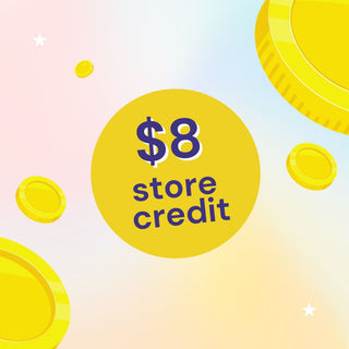 Yellow circular graphic with โ$8 store creditโ in bold purple letters, surrounded by large and small golden coins on a pastel gradient background.