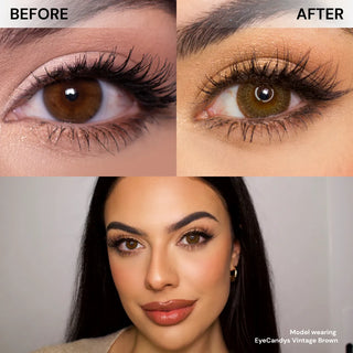 Split image of a brown eye before and after using EyeCandys Pink Label Vintage Brown lenses, showing enhanced color and definition. Below, a woman with flawless makeup wears the dolly look contacts. Text: "Model wearing EyeCandys Pink Label Vintage Brown.