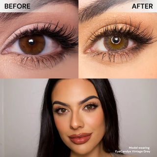Split image shows a woman's eye before and after makeup, and a full-face photo below. The "after" eye features EyeCandys Pink Label Vintage Grey for a subtle dolly look. Text: "Model wearing EyeCandys Pink Label Vintage Grey.