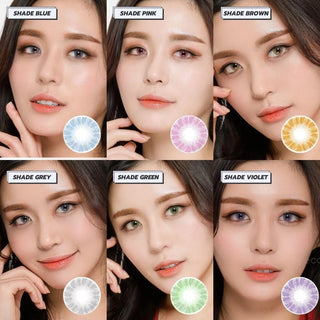 Six women each wear different colored contact lenses, including EyeCandys Shade Brown. Each lens color—blue, pink, natural brown, grey, green, and violet—is labeled and shown on their eyes with a close-up of the lens beside their faces.