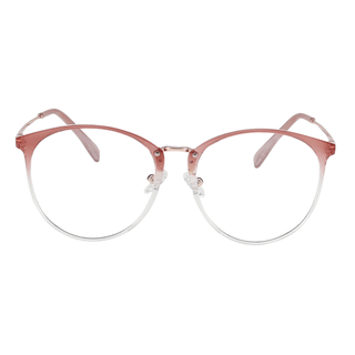 The EyeCandys Infinity Oversized Oval glasses feature a thin metal frame that fades from pink to clear, adjustable nose pads, and slightly curved arms for a classic vintage look.
