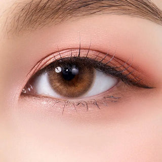 A close-up of a person’s brown eye with natural makeup and long lashes, featuring Olola Able Brown lenses by Olola for dark eyes—designed to enhance your look with or without a myopia prescription.