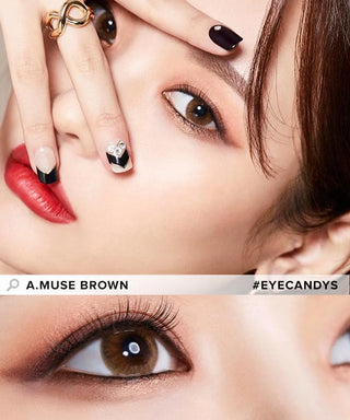 A woman with brown eyes and dark red lipstick shows off black-tipped nails, long lashes, and Olola Amuse Brown color contacts by Olola—available as 6-month lenses. #EYECANDYS.