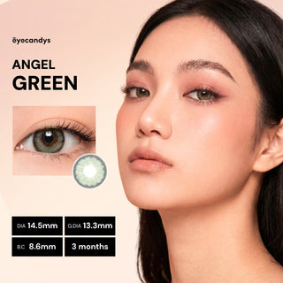 A woman with smooth skin and subtle makeup wears EyeCandys Pink Label Angel Green color contacts. An inset shows a close-up of her eye and lens design. Text notes: DIA 14.5mm, G.DIA 13.3mm, B.C 8.6mm, 3 months use.