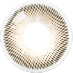 A close-up of Olola Mellows 1-Day Muse Brown (10pk) contact lens by Olola shows a translucent brown and black dotted ring with a clear center. Its fading design offers a natural iris look—ideal for those seeking subtle, natural eye color contacts.