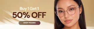 Model showcasing EyeCandys prescription reading glasses with blue light filtering lenses and a Buy 1 Get 1 50% Off offer.