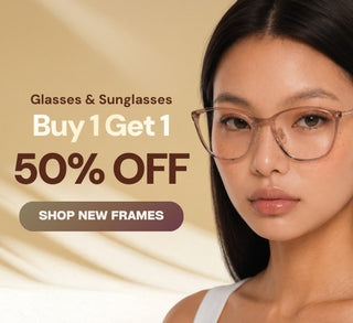 Promotional image of a model wearing EyeCandys blue light blocking reading glasses with a Buy 1 Get 1 50% Off deal.