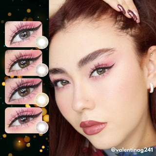 A woman with pink eyeshadow, winged eyeliner, and glossy lips poses with her hand near her face. On the left, close-ups show four EyeCandys Attitude Glitter Set (For Party Looks) styles. Text at bottom right: "@valentinag241".