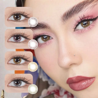A close-up of a person’s face with pink eyeshadow and red lipstick. Beside the face, four images showcase EyeCandys Attitude Glitter Set (For Party Looks) colored contact lenses on one eye, each featuring a small sample for natural-looking contacts.