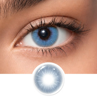 Detailed eye shot wearing EyeCandys Aura Blue Grey blue grey colored contact lens