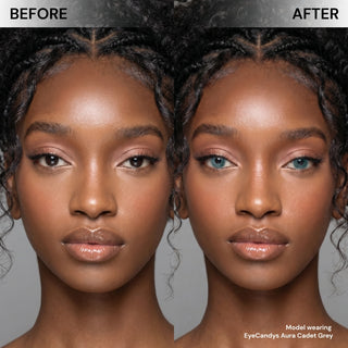 Side-by-side comparison of a woman's face: her left shows natural brown eyes, while her right displays a stunning transformation with EyeCandys Aura Cadet Grey contact lenses from EyeCandys.