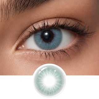 A close-up of a person's eye wearing EyeCandys Aura Cadet Grey contacts, with a separate image of the EyeCandys lens shown below the eye.