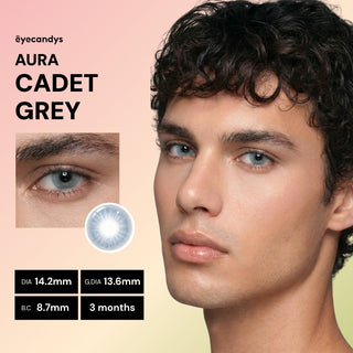 A close-up of a male wearing EyeCandys Aura Cadet Grey contacts, with an inset of her eye and details: diameter 14.2mm, graphic diameter 13.6mm, base curve 8.7mm, lasts 3 months.