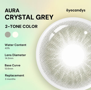 Graphic showing a grey contact lens with 43% water content, 14.2mm diameter, and 13.6mm base curve; replace every 3 months. Text: "EyeCandys Aura Crystal Grey—translucent grey contacts." EyeCandys branding included.
