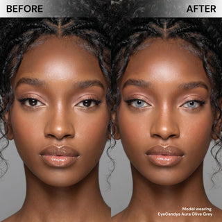 Side-by-side comparison of a woman's face: her left shows natural brown eyes, while her right displays a stunning transformation with EyeCandys Aura Olive Grey contact lenses from EyeCandys.