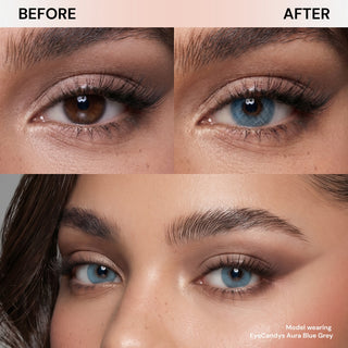 Side-by-side view of a brown eye before and after wearing EyeCandys Aura Blue Grey contact lenses, showing how EyeCandys transforms brown eyes to a striking blue-grey shade.