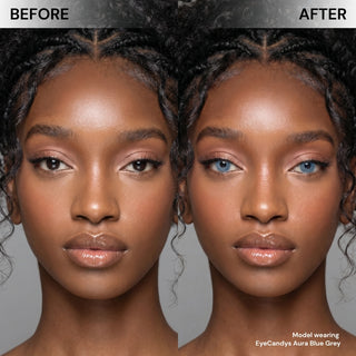 Side-by-side comparison of a woman's face: her left shows natural brown eyes, while her right displays a stunning transformation with EyeCandys Aura Blue Grey contact lenses from EyeCandys.