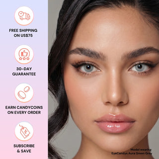 Close-up of a woman wearing EyeCandys Aura Olive Grey contacts with glossy lips. On the left, icons and text show free shipping over $75, 30-day guarantee, loyalty rewards, and subscribe & save options from EyeCandys.