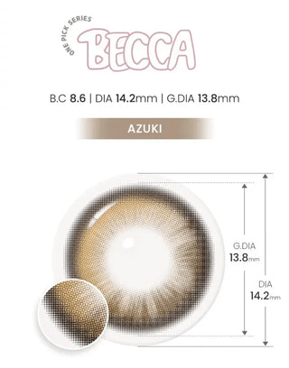 A product image for i-Girl One Pick Becca Azuki Brown by i-Girl shows a close-up of the soft gradient contact lens. Specs: base curve 8.6 mm, diameter 14.2 mm, graphic diameter 13.8 mm—ideal for daily wear.
