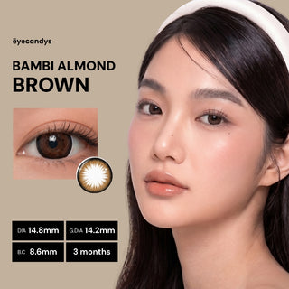 A woman with smooth, fair skin and straight dark hair wears EyeCandys Pink Label Bambi Almond Brown contacts. A close-up shows the unique circle lens design, inspired by Japanese beauty trends. Text: "Bambi Almond Brown.
