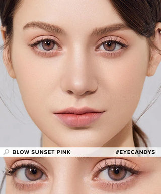 Close-up of a woman with natural makeup and brown eyes. A zoom highlights her eyes with pink-toned shadow and Olola Blow Sunset Pink contact lenses. Text reads "Olola Blow Sunset Pink" and "#EYECANDYS.