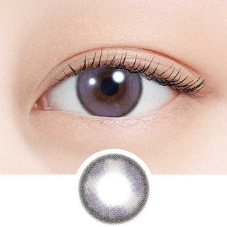 A close-up of a human eye wearing N's Collection Blueberry Jam Violet daily contacts, with a separate image below displaying the lens design.