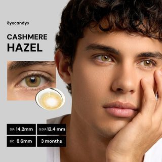 Male wearing EyeCandys Cashmere Hazel colored contact lens, natural hazel enhancement, best contact lens option, budget-friendly contact lens price