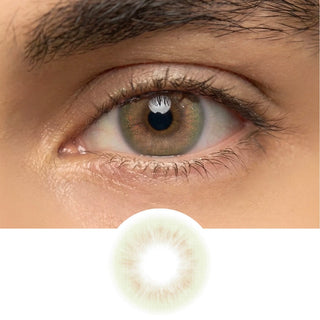 EyeCandys Cashmere Satin Olive prescription colored contact lens worn by male model, natural look and comfort, best contact lens option, budget-friendly contact lens price