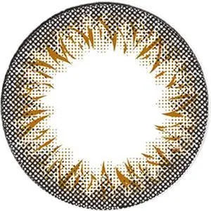 The Clalen Iris Latin Brown (30pk) contact lens by Clalen features a dotted pattern and jagged golden-brown lines radiating from a clear center, creating a vibrant sunburst effect.