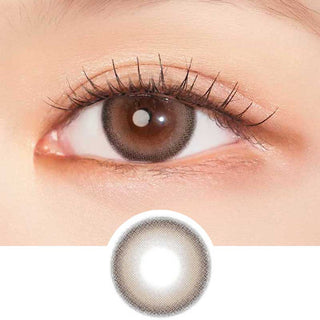 A close-up shows an eye wearing Clalen IRIS Mimosa Brown (10pk) colored contacts by Clalen, with a larger, darker iris and defined edge. Below is a separate image of the brown lens, suitable for myopia prescription wearers.