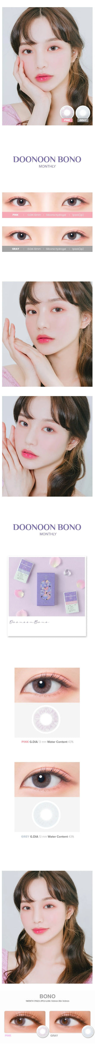Variety of DooNoon Bono Grey contact lens colors displayed, with closeups of an eye wearing the contact lens colors, and with a model wearing the contact lens colors showing realistic eye-enlarging effect from various angles.