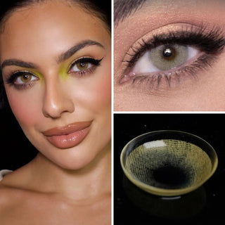 Collage featuring a model with long lashes wearing EyeCandys Dare to Be Hazel Prescription Colored Contact Lenses, a close-up of her eye with the lenses, and a macro shot of the lens – natural, vibrant hazel eye enhancement