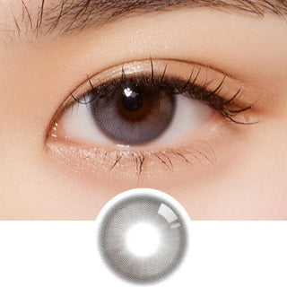 A close-up of a person's eye wearing Olola Daymood 1-Day Grey contact lens, with an image of the Olola daily disposable lens (10pk) shown below for reference.