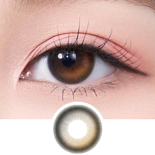 A close-up of an eye wearing Olola Daymood Brown contact lens by Olola for dark eyes, with long lashes and soft pink eye makeup. Below, a separate image shows the brown lens design for myopia prescription users.