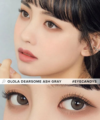 Close-up of a woman with soft makeup wearing Olola Dearsome Ash Grey contact lenses for dark eyes by Olola. Her highlighted eyes and smooth skin stand out. Myopia prescription available.