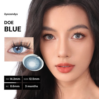 A woman with long dark hair wears EyeCandys Doe Blue contact lenses. Insets show her blue eye and a lens with a natural iris design. Lens details, UV protection info, and the EyeCandys brand are shown on the left.