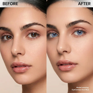 Side-by-side close-up of a woman's face: the left shows her natural brown eyes, and the right features bright blue EyeCandys Doe Blue colored contact lenses by EyeCandys, highlighting a striking style transformation with a natural iris design.