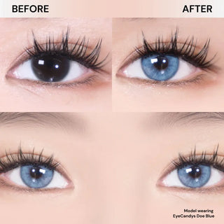 Close-up of a model’s eyes: the “before” shows dark brown irises, the “after” displays vibrant blue eyes wearing EyeCandys Doe Blue contacts from EyeCandys, noted for their natural-looking iris design.