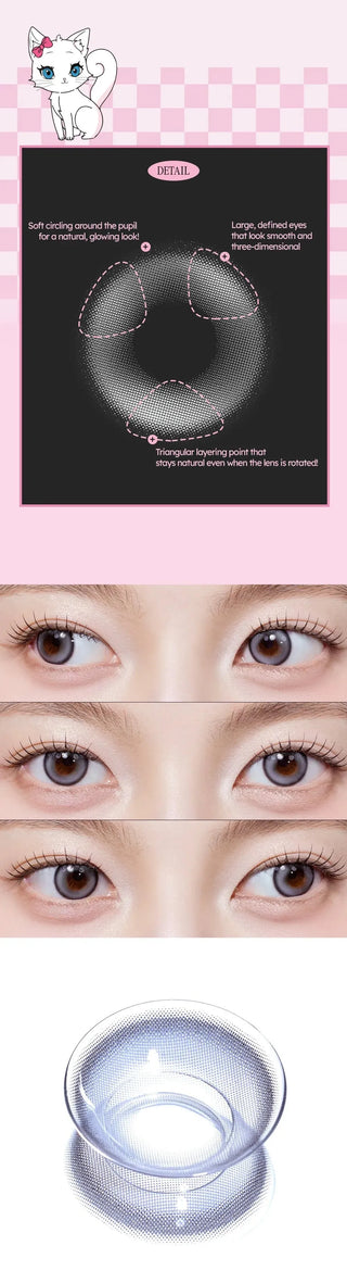 Diagram showing contact lens design, three close-ups of brown eyes with increasing enlargement using Olola Meow Natural Coon Grey by Olola, and a lens close-up with a subtle brown ring pattern. Pink checkered background with cartoon cat.