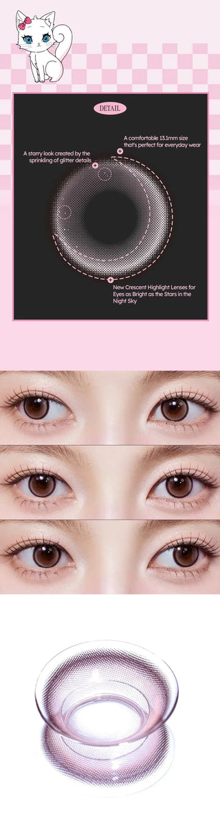 The Olola Meow Natural Angora Pink contacts by Olola feature a starry pattern for a subtle highlight. Measuring 15.1mm, they're comfortable for daily wear. A cute white cat appears at the top, with close-ups of the lens on and off eyes.