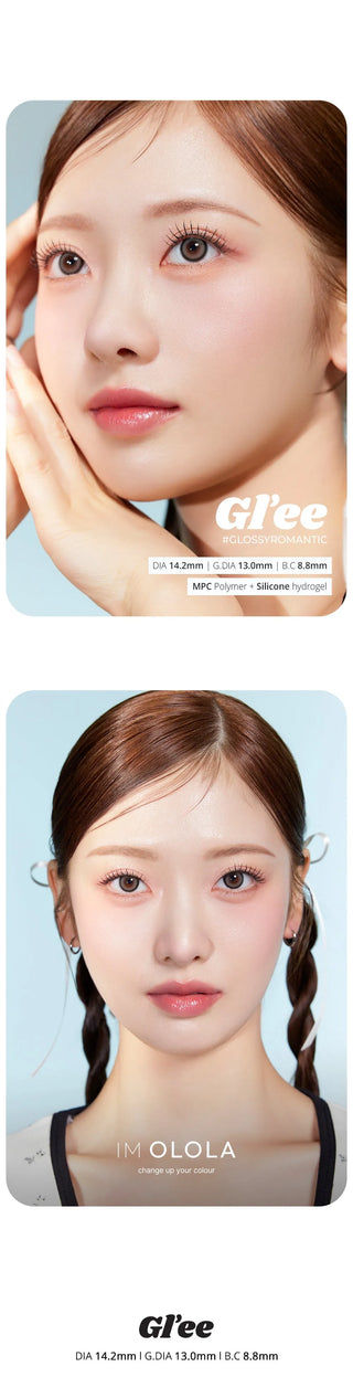 Two close-up portraits of a young woman with smooth skin and braided hair showcase Olola Glee Grey by Olola. Stylish text overlays highlight non-prescription color contacts, the Olola brand, and product features.