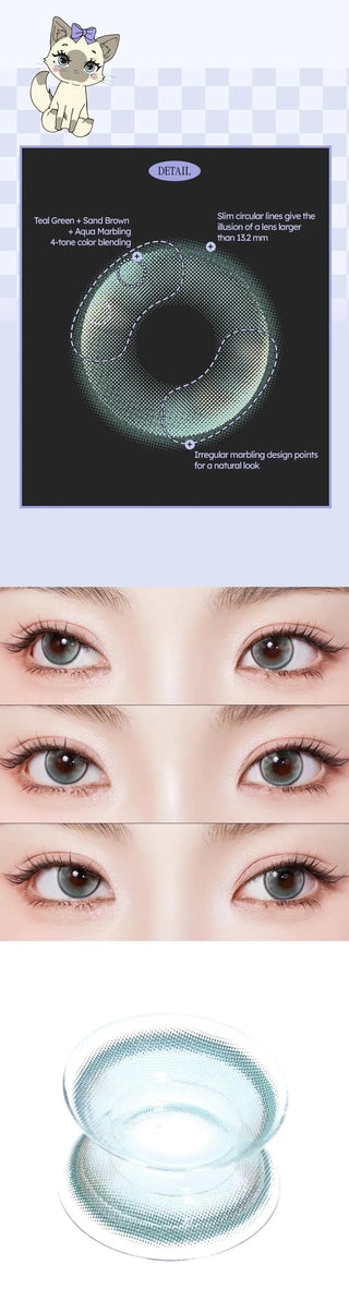 A collage displays Olola Meow Vivid Havana Green contacts by Olola: prescription teal green and sand brown lenses, a lens close-up, four photos of a person wearing them, plus a cat illustration at the top.