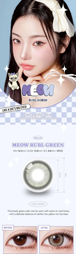 A young woman with long dark hair and a white bow poses with her hand near her face, wearing Olola Meow Vivid Rubl Green prescription contacts by Olola. The image features the lenses with close-ups and before/after shots.