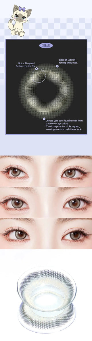 Informational graphic for Olola Meow Vivid Rubl Green colored contact lenses by Olola, featuring a cat illustration, lens detail diagram, four close-ups of eyes wearing prescription green contacts, and a close-up of the lens in a case.